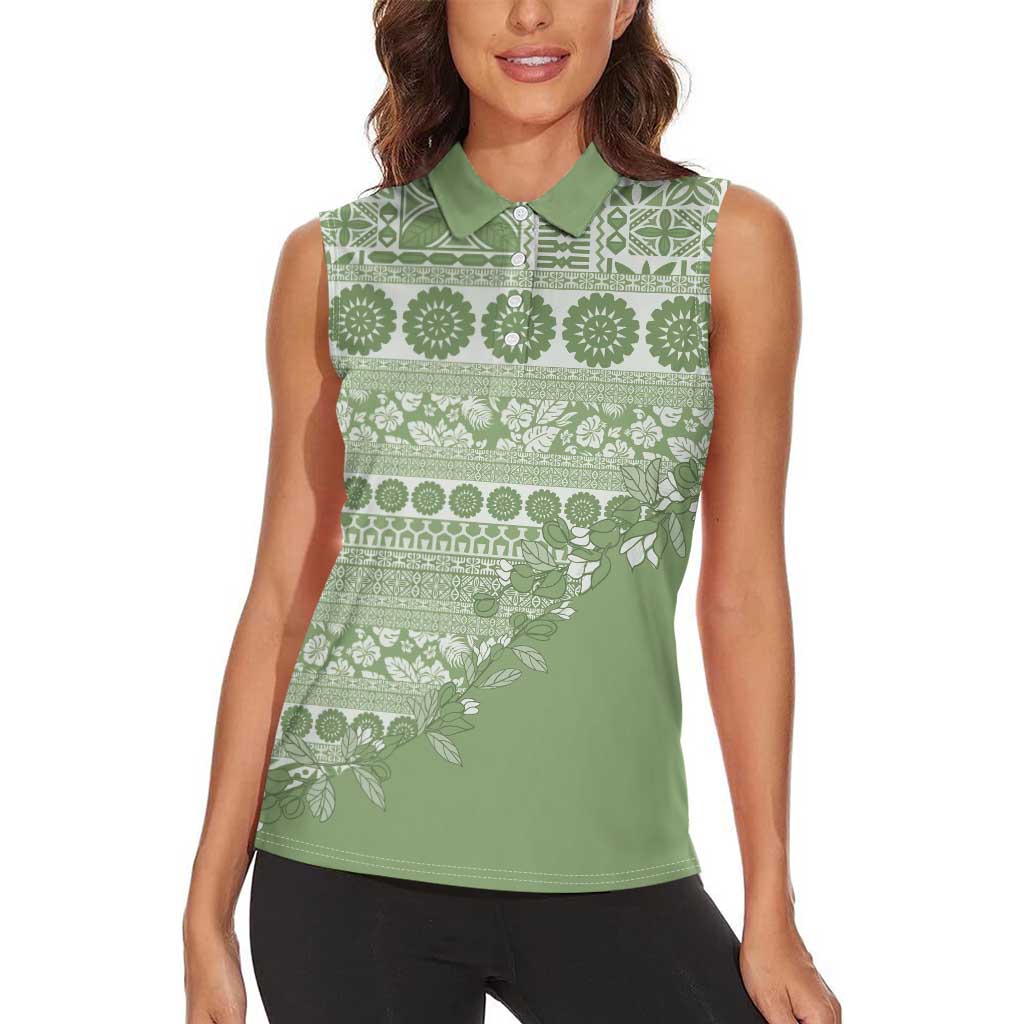 Fiji Marau na Kerisimasi Women Sleeveless Polo Shirt Sage Green Tagimoucia Tapa Masi Tribal LT9 - Polynesian Pride