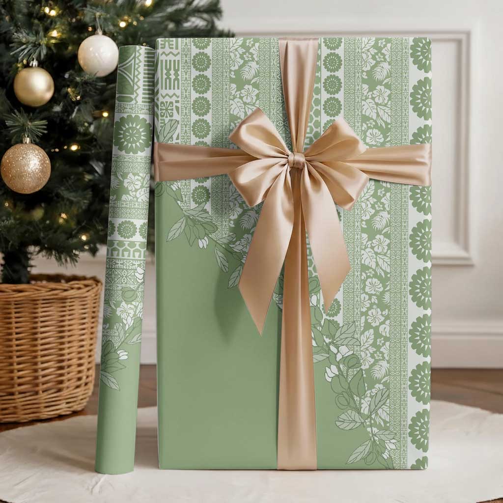 Fiji Marau na Kerisimasi Wrapping Paper Sage Green Tagimoucia Tapa Masi Tribal LT9 - Polynesian Pride