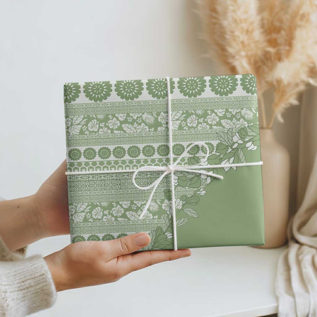 Fiji Marau na Kerisimasi Wrapping Paper Sage Green Tagimoucia Tapa Masi Tribal LT9 - Polynesian Pride