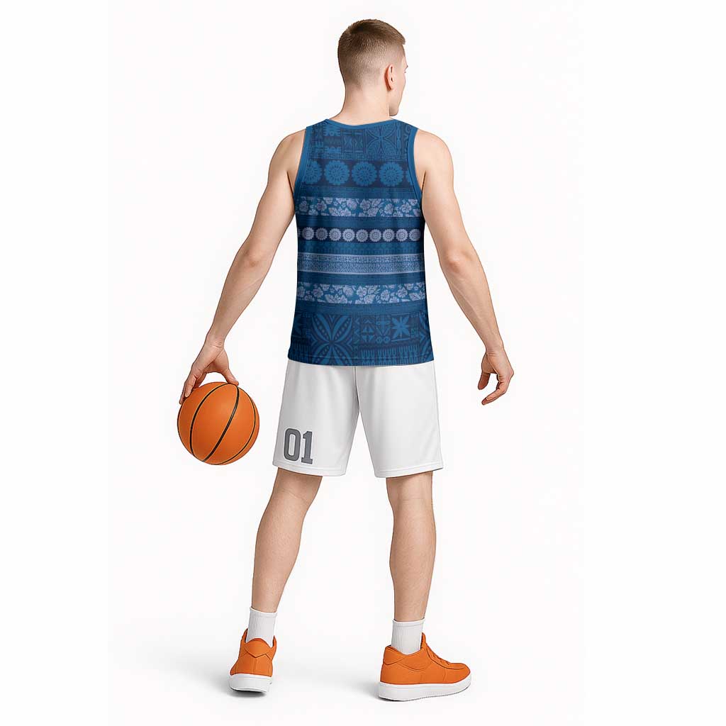 Fiji Marau na Kerisimasi Basketball Jersey Blue Tapa Masi Inspired Christmas - Polynesian Pride