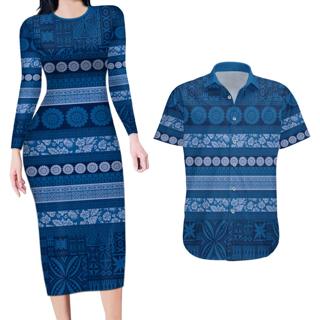 Fiji Marau na Kerisimasi Couples Matching Long Sleeve Bodycon Dress and Hawaiian Shirt Blue Tapa Masi Inspired Christmas LT9 Blue - Polynesian Pride