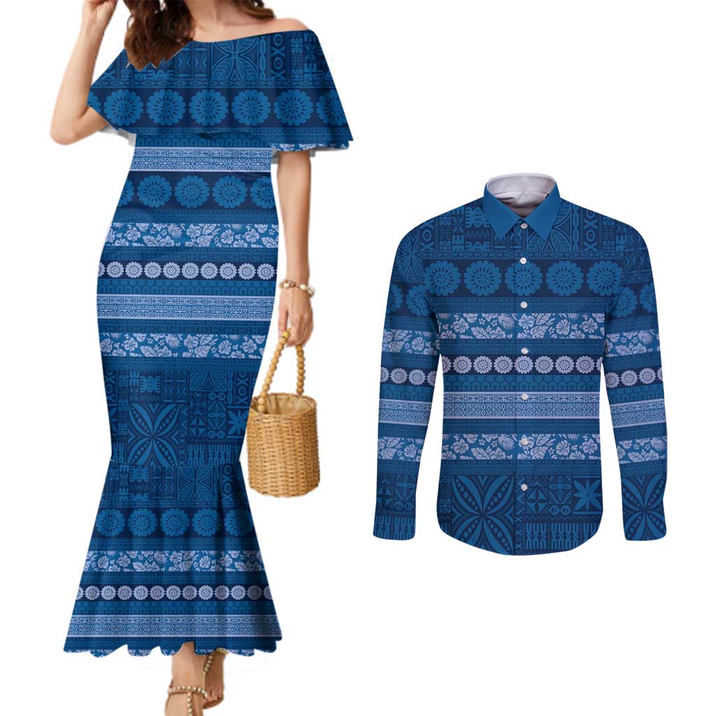 Fiji Marau na Kerisimasi Couples Matching Mermaid Dress and Long Sleeve Button Shirt Blue Tapa Masi Inspired Christmas - Polynesian Pride