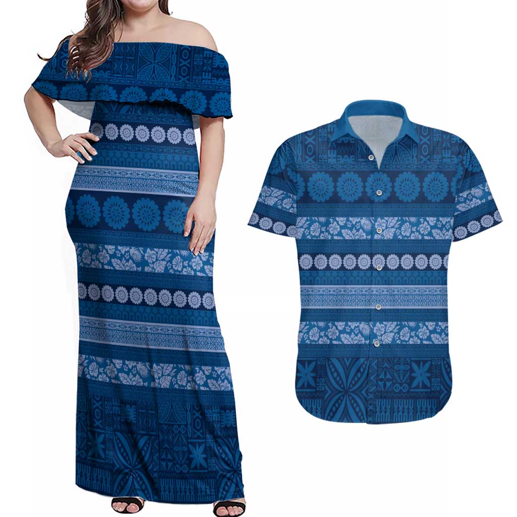Fiji Marau na Kerisimasi Couples Matching Off Shoulder Maxi Dress and Hawaiian Shirt Blue Tapa Masi Inspired Christmas LT9 Blue - Polynesian Pride