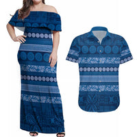 Fiji Marau na Kerisimasi Couples Matching Off Shoulder Maxi Dress and Hawaiian Shirt Blue Tapa Masi Inspired Christmas LT9 Blue - Polynesian Pride
