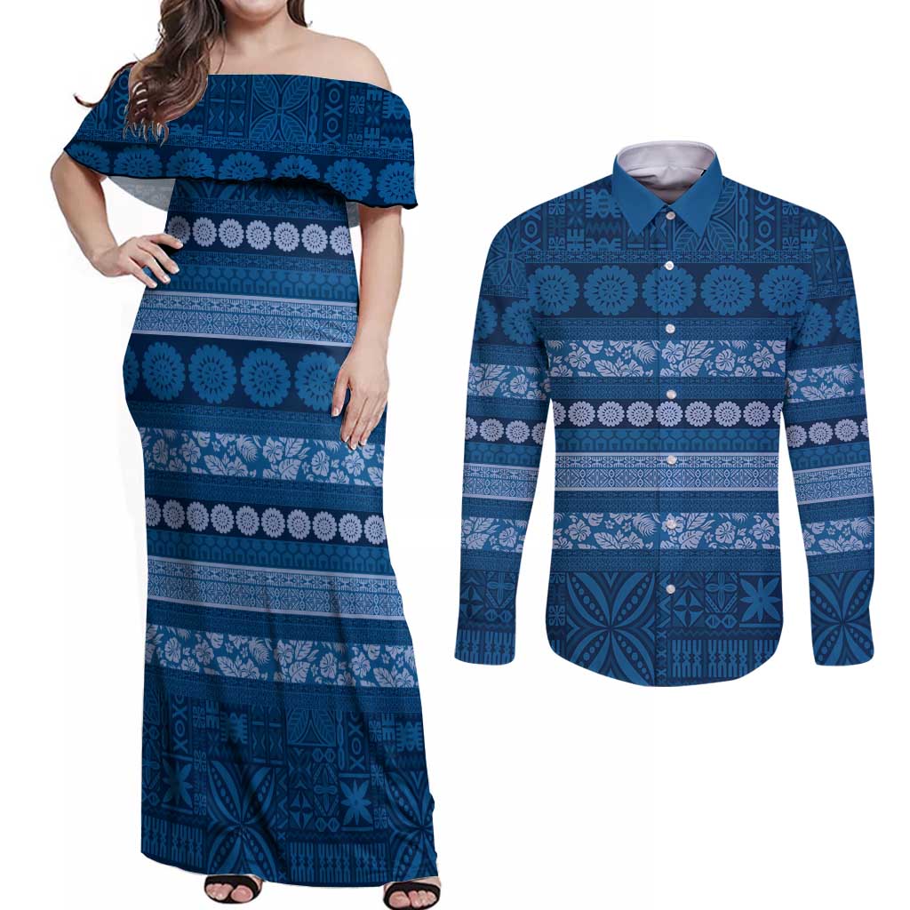 Fiji Marau na Kerisimasi Couples Matching Off Shoulder Maxi Dress and Long Sleeve Button Shirt Blue Tapa Masi Inspired Christmas LT9 Blue - Polynesian Pride