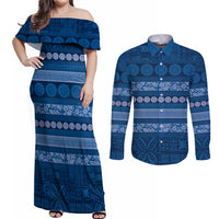 Fiji Marau na Kerisimasi Couples Matching Off Shoulder Maxi Dress and Long Sleeve Button Shirt Blue Tapa Masi Inspired Christmas LT9 Blue - Polynesian Pride