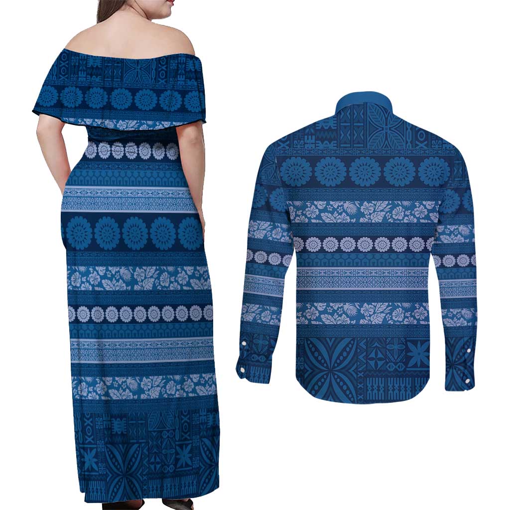 Fiji Marau na Kerisimasi Couples Matching Off Shoulder Maxi Dress and Long Sleeve Button Shirt Blue Tapa Masi Inspired Christmas LT9 - Polynesian Pride