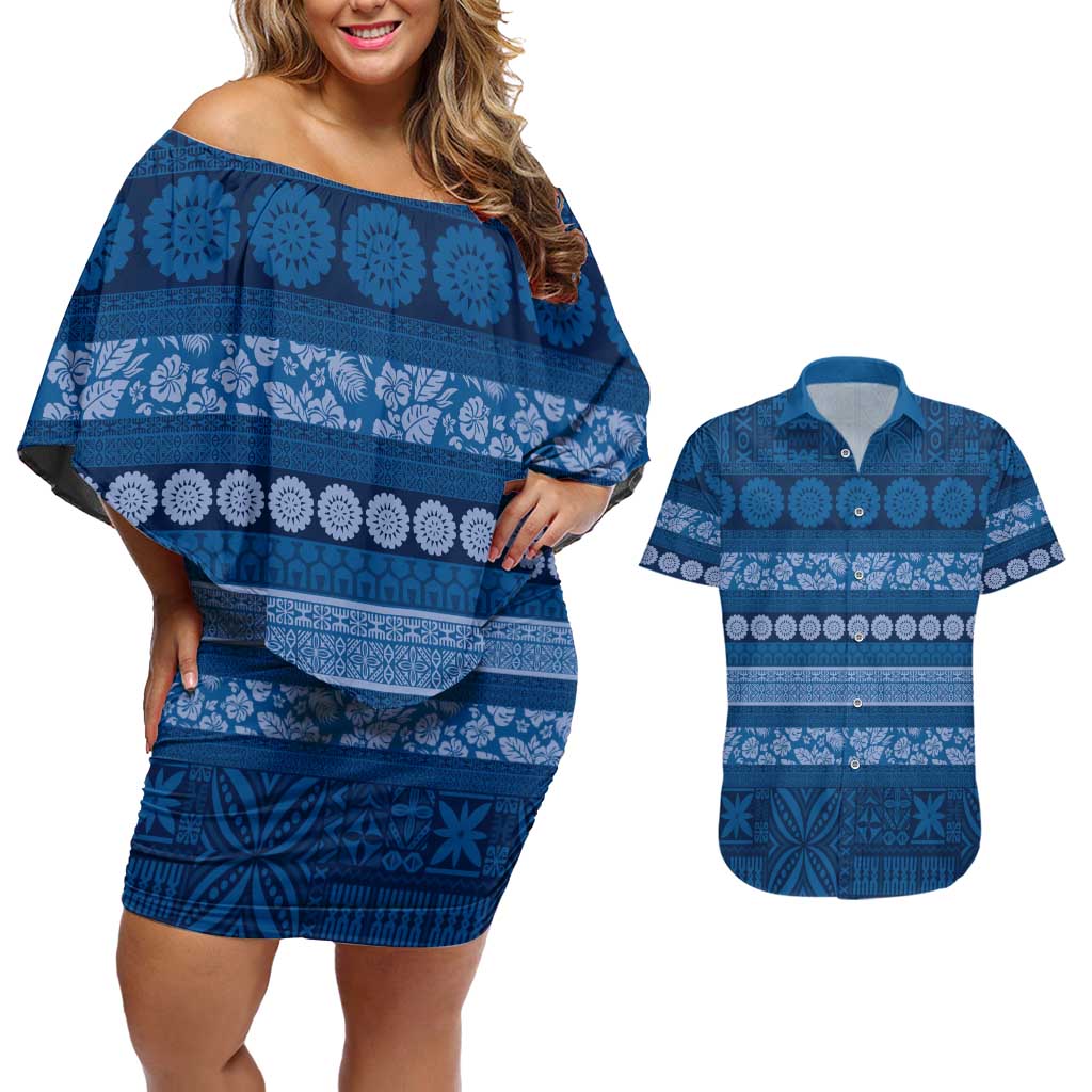 Fiji Marau na Kerisimasi Couples Matching Off Shoulder Short Dress and Hawaiian Shirt Blue Tapa Masi Inspired Christmas LT9 Blue - Polynesian Pride