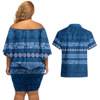 Fiji Marau na Kerisimasi Couples Matching Off Shoulder Short Dress and Hawaiian Shirt Blue Tapa Masi Inspired Christmas LT9 - Polynesian Pride