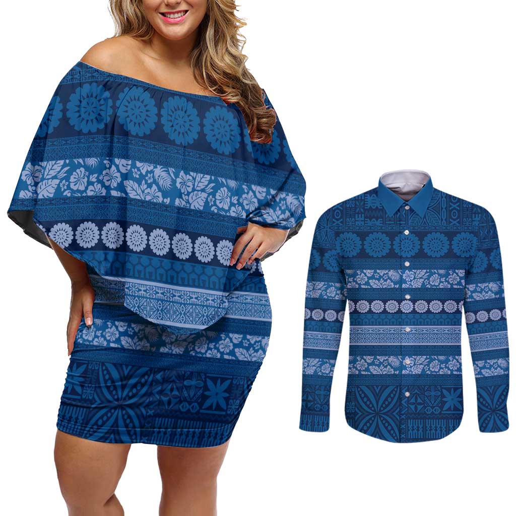 Fiji Marau na Kerisimasi Couples Matching Off Shoulder Short Dress and Long Sleeve Button Shirt Blue Tapa Masi Inspired Christmas LT9 Blue - Polynesian Pride