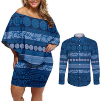 Fiji Marau na Kerisimasi Couples Matching Off Shoulder Short Dress and Long Sleeve Button Shirt Blue Tapa Masi Inspired Christmas LT9 Blue - Polynesian Pride