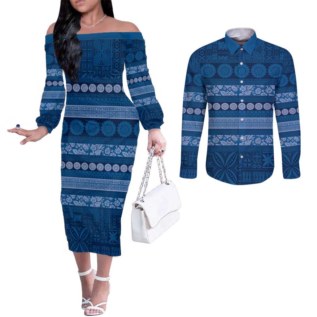 Fiji Marau na Kerisimasi Couples Matching Off The Shoulder Long Sleeve Dress and Long Sleeve Button Shirt Blue Tapa Masi Inspired Christmas LT9 Blue - Polynesian Pride