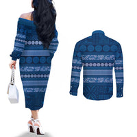 Fiji Marau na Kerisimasi Couples Matching Off The Shoulder Long Sleeve Dress and Long Sleeve Button Shirt Blue Tapa Masi Inspired Christmas LT9 - Polynesian Pride