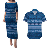 Fiji Marau na Kerisimasi Couples Matching Puletasi and Hawaiian Shirt Blue Tapa Masi Inspired Christmas LT9 Blue - Polynesian Pride