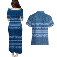 Fiji Marau na Kerisimasi Couples Matching Puletasi and Hawaiian Shirt Blue Tapa Masi Inspired Christmas LT9 - Polynesian Pride