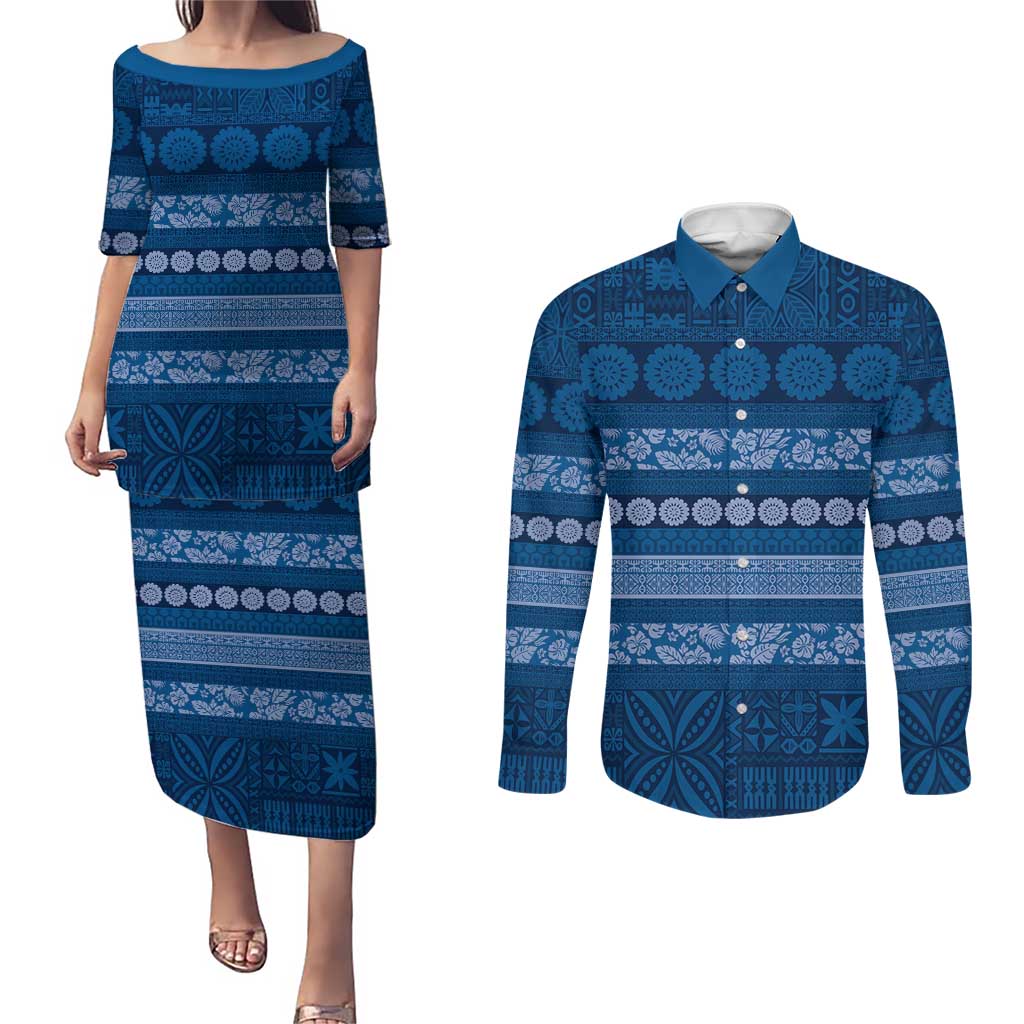 Fiji Marau na Kerisimasi Couples Matching Puletasi and Long Sleeve Button Shirt Blue Tapa Masi Inspired Christmas - Polynesian Pride