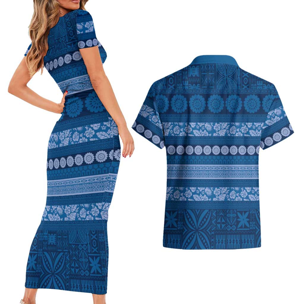 Fiji Marau na Kerisimasi Couples Matching Short Sleeve Bodycon Dress and Hawaiian Shirt Blue Tapa Masi Inspired Christmas LT9 - Polynesian Pride