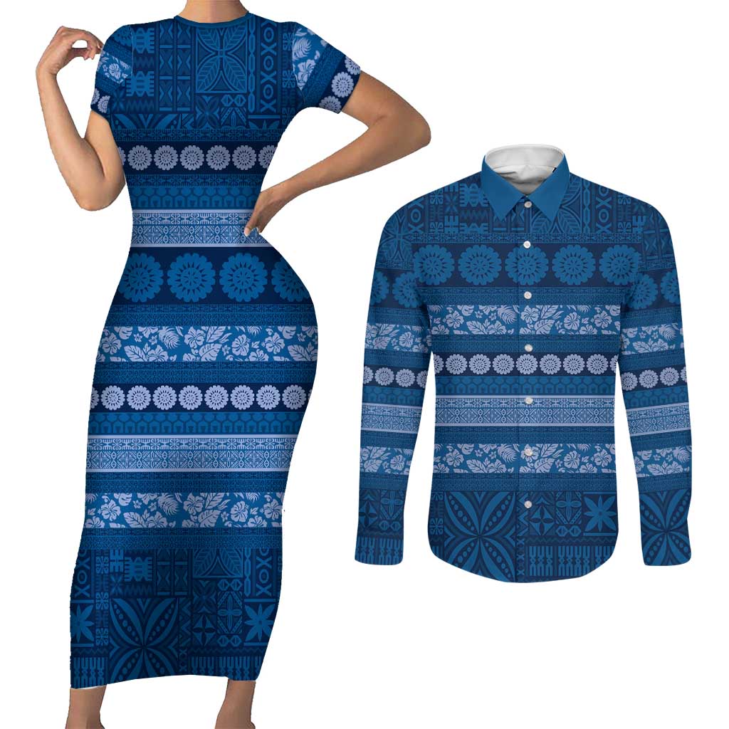 Fiji Marau na Kerisimasi Couples Matching Short Sleeve Bodycon Dress and Long Sleeve Button Shirt Blue Tapa Masi Inspired Christmas - Polynesian Pride