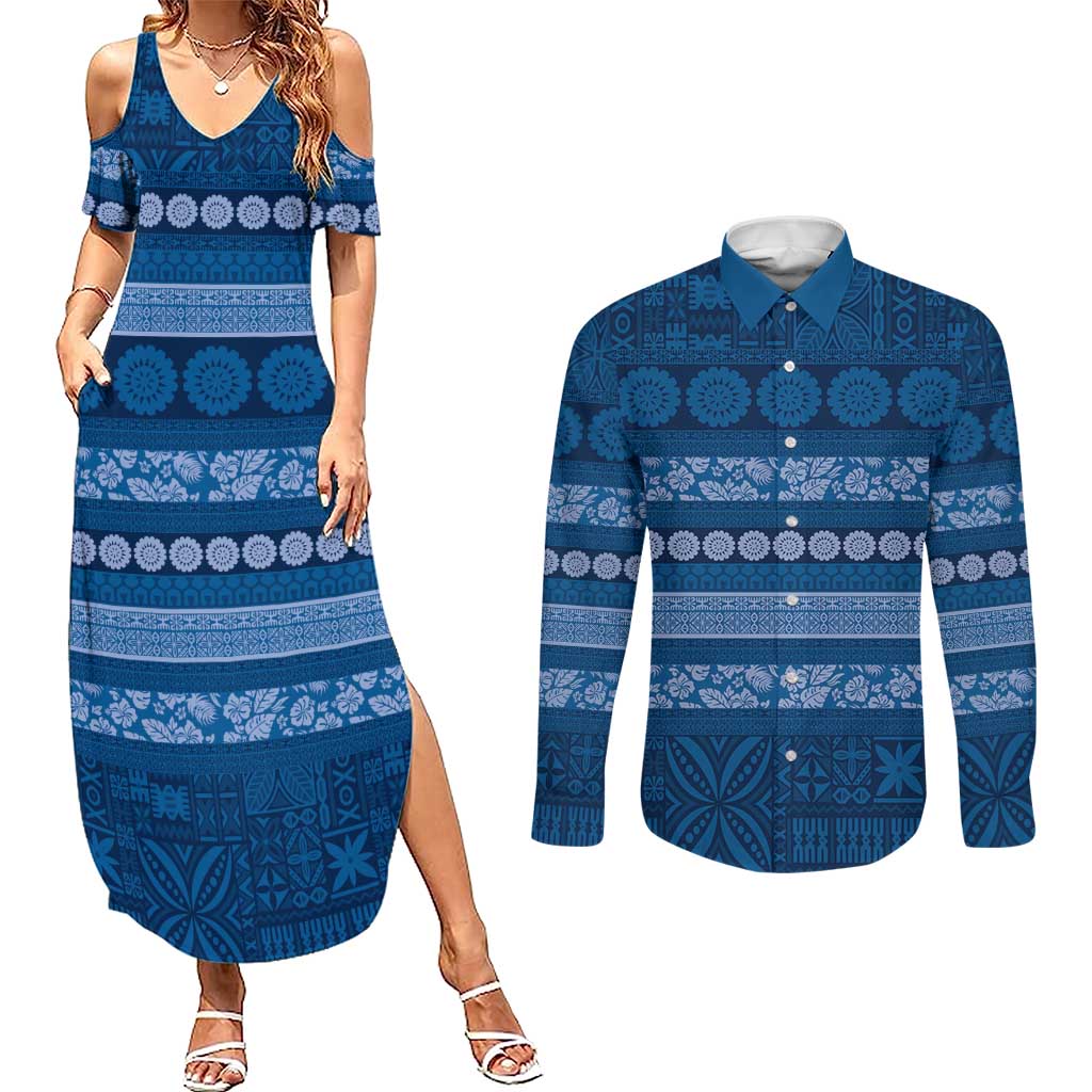 Fiji Marau na Kerisimasi Couples Matching Summer Maxi Dress and Long Sleeve Button Shirt Blue Tapa Masi Inspired Christmas LT9 Blue - Polynesian Pride