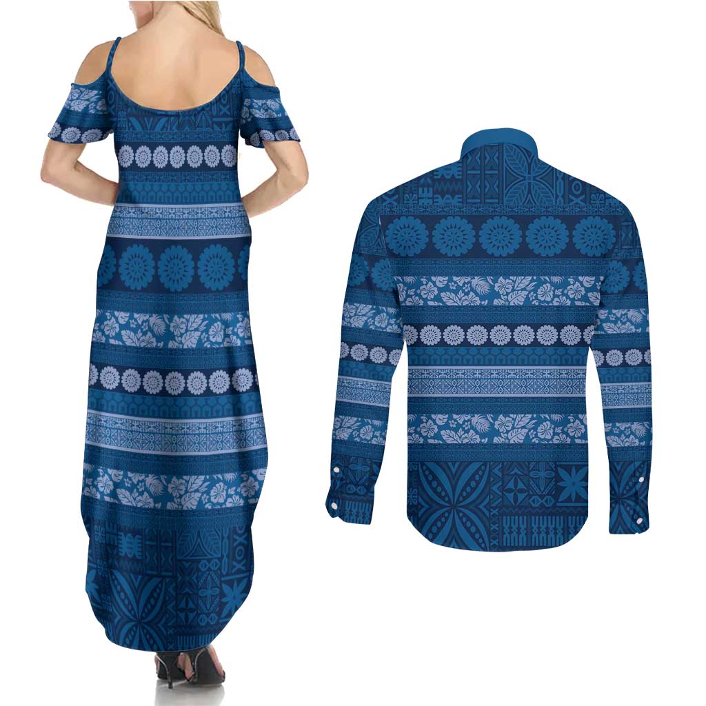 Fiji Marau na Kerisimasi Couples Matching Summer Maxi Dress and Long Sleeve Button Shirt Blue Tapa Masi Inspired Christmas LT9 - Polynesian Pride