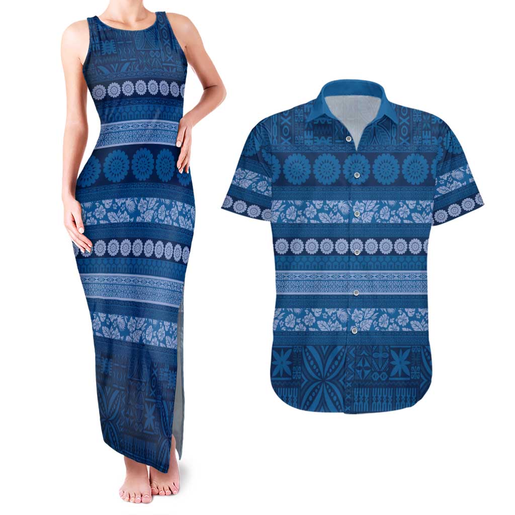 Fiji Marau na Kerisimasi Couples Matching Tank Maxi Dress and Hawaiian Shirt Blue Tapa Masi Inspired Christmas - Polynesian Pride