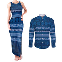 Fiji Marau na Kerisimasi Couples Matching Tank Maxi Dress and Long Sleeve Button Shirt Blue Tapa Masi Inspired Christmas LT9 Blue - Polynesian Pride