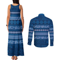 Fiji Marau na Kerisimasi Couples Matching Tank Maxi Dress and Long Sleeve Button Shirt Blue Tapa Masi Inspired Christmas LT9 - Polynesian Pride