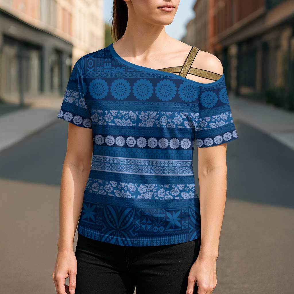 Fiji Marau na Kerisimasi Cross Shoulder Shirt Blue Tapa Masi Inspired Christmas - Polynesian Pride