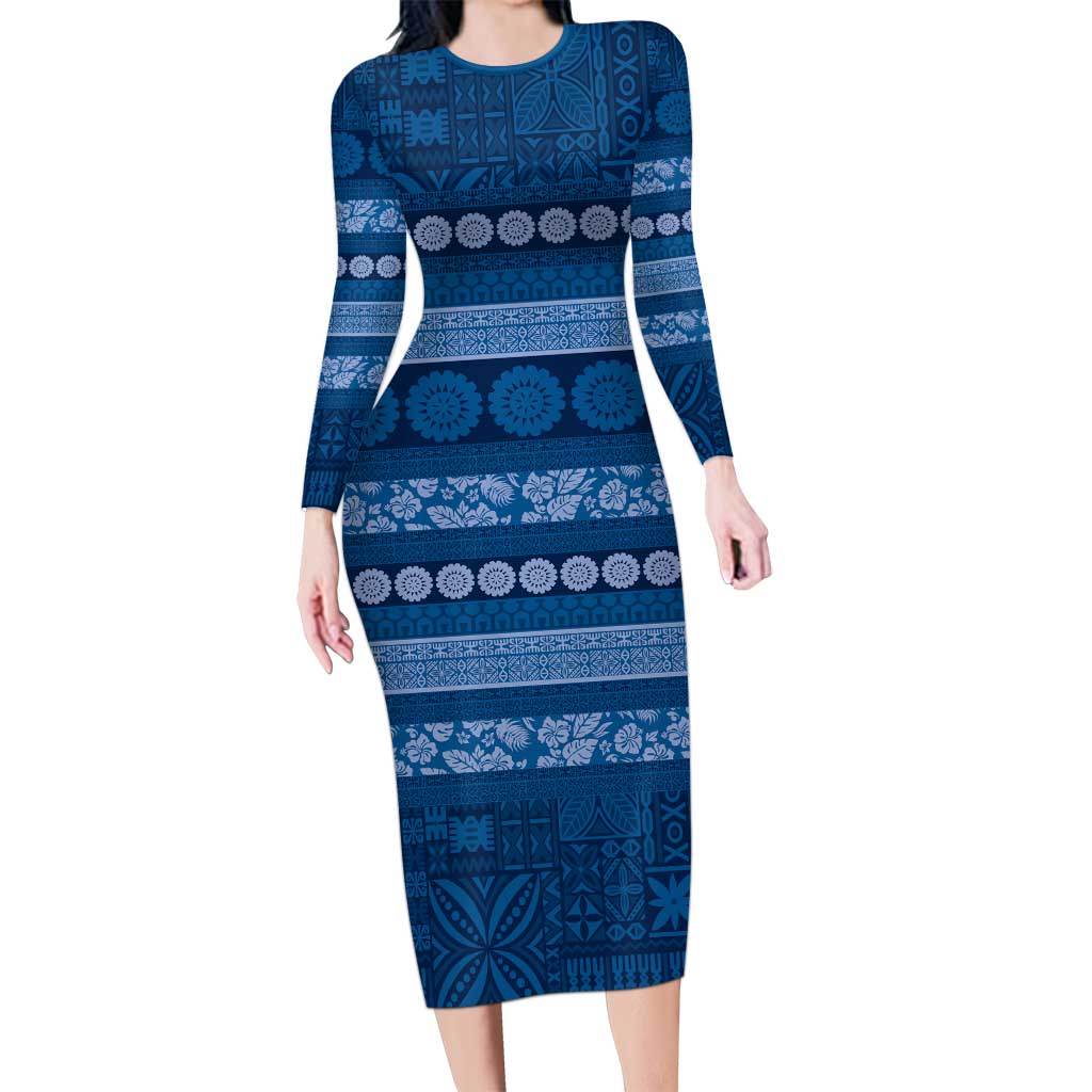 Fiji Marau na Kerisimasi Family Matching Long Sleeve Bodycon Dress and Hawaiian Shirt Blue Tapa Masi Inspired Christmas LT9 Mom's Dress Blue - Polynesian Pride