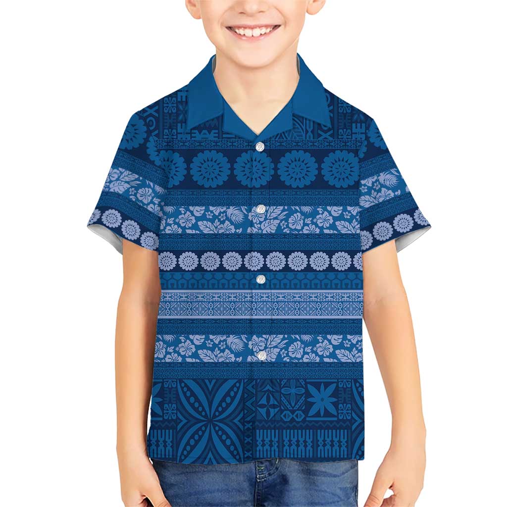 Fiji Marau na Kerisimasi Family Matching Long Sleeve Bodycon Dress and Hawaiian Shirt Blue Tapa Masi Inspired Christmas LT9 Son's Shirt Blue - Polynesian Pride