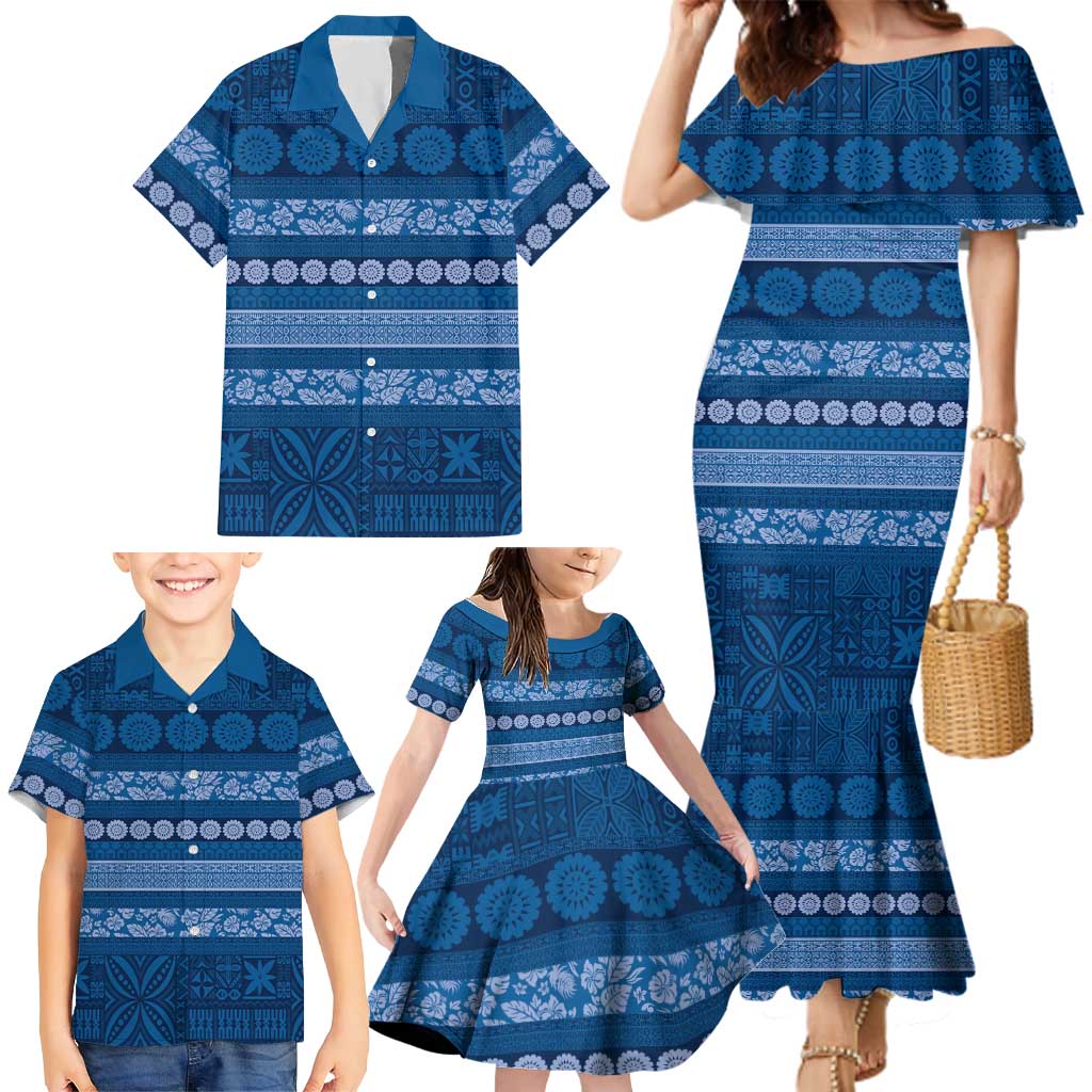 Fiji Marau na Kerisimasi Family Matching Mermaid Dress and Hawaiian Shirt Blue Tapa Masi Inspired Christmas - Polynesian Pride