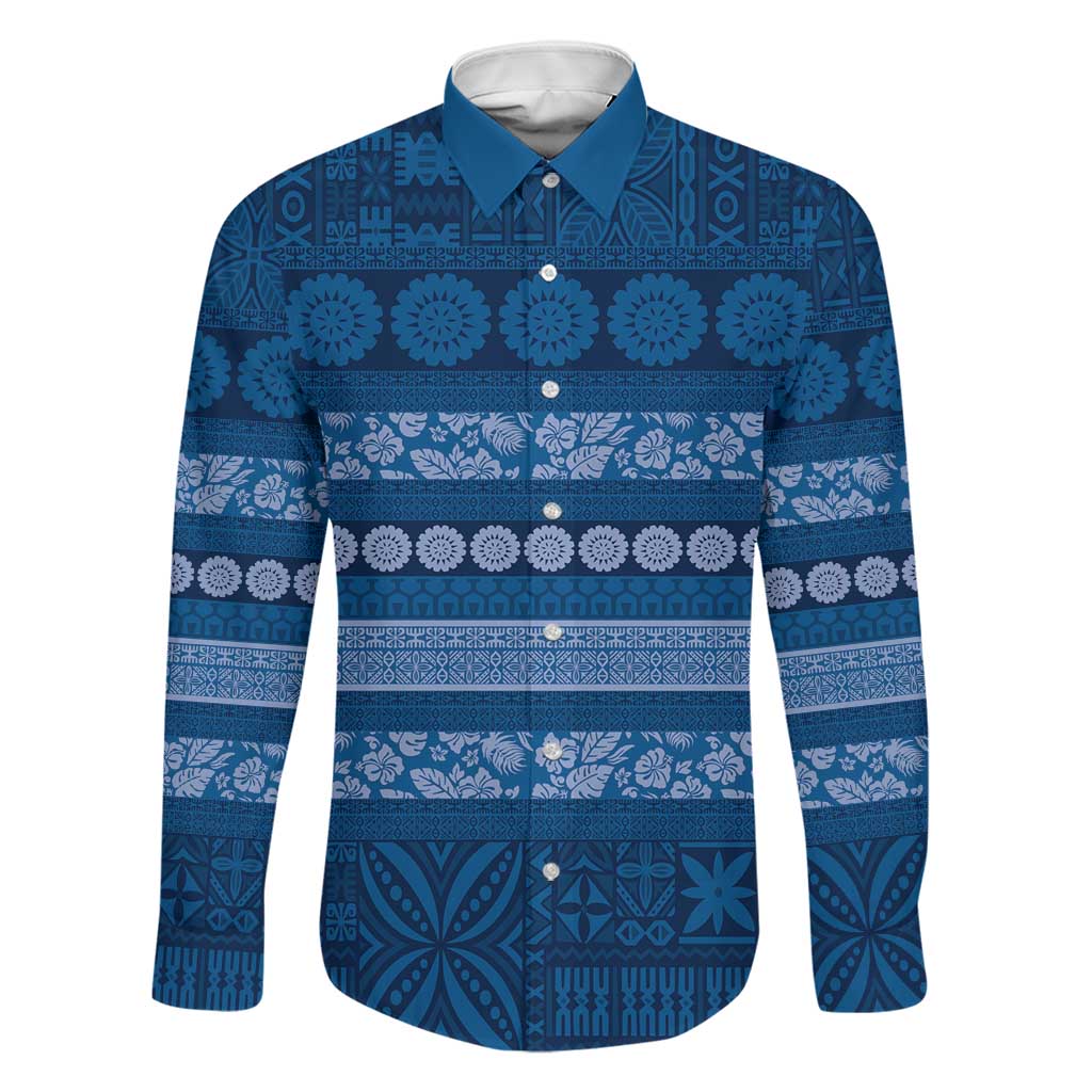 Fiji Marau na Kerisimasi Family Matching Mermaid Dress and Hawaiian Shirt Blue Tapa Masi Inspired Christmas LT9 Dad's Shirt - Long Sleeve Blue - Polynesian Pride