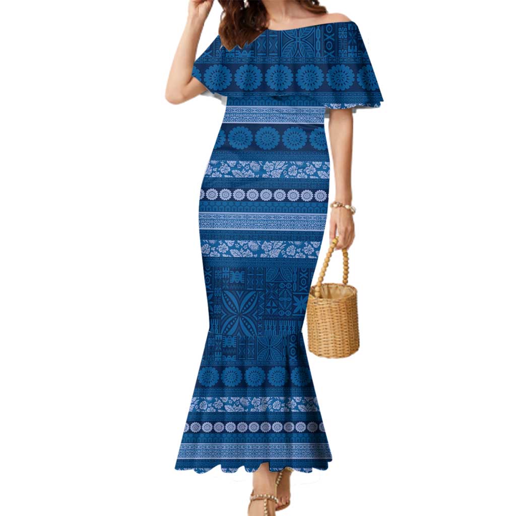Fiji Marau na Kerisimasi Family Matching Mermaid Dress and Hawaiian Shirt Blue Tapa Masi Inspired Christmas LT9 Mom's Dress Blue - Polynesian Pride