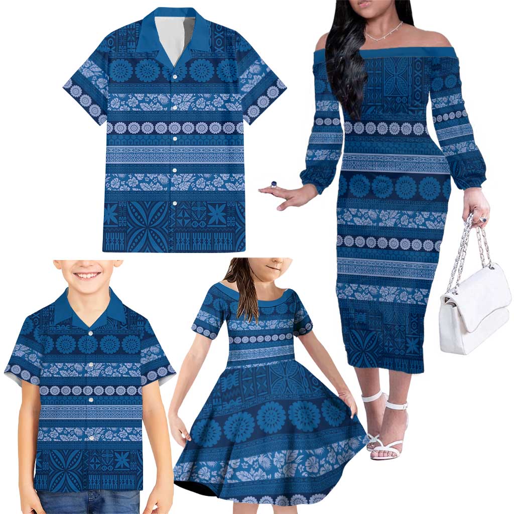 Fiji Marau na Kerisimasi Family Matching Off The Shoulder Long Sleeve Dress and Hawaiian Shirt Blue Tapa Masi Inspired Christmas LT9 - Polynesian Pride