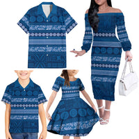 Fiji Marau na Kerisimasi Family Matching Off The Shoulder Long Sleeve Dress and Hawaiian Shirt Blue Tapa Masi Inspired Christmas LT9 - Polynesian Pride