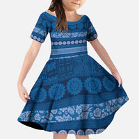 Fiji Marau na Kerisimasi Family Matching Off Shoulder Maxi Dress and Hawaiian Shirt Blue Tapa Masi Inspired Christmas LT9 Daughter's Dress Blue - Polynesian Pride