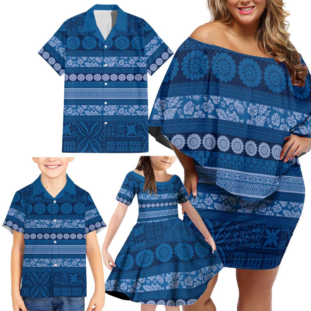 Fiji Marau na Kerisimasi Family Matching Off Shoulder Short Dress and Hawaiian Shirt Blue Tapa Masi Inspired Christmas LT9 - Polynesian Pride