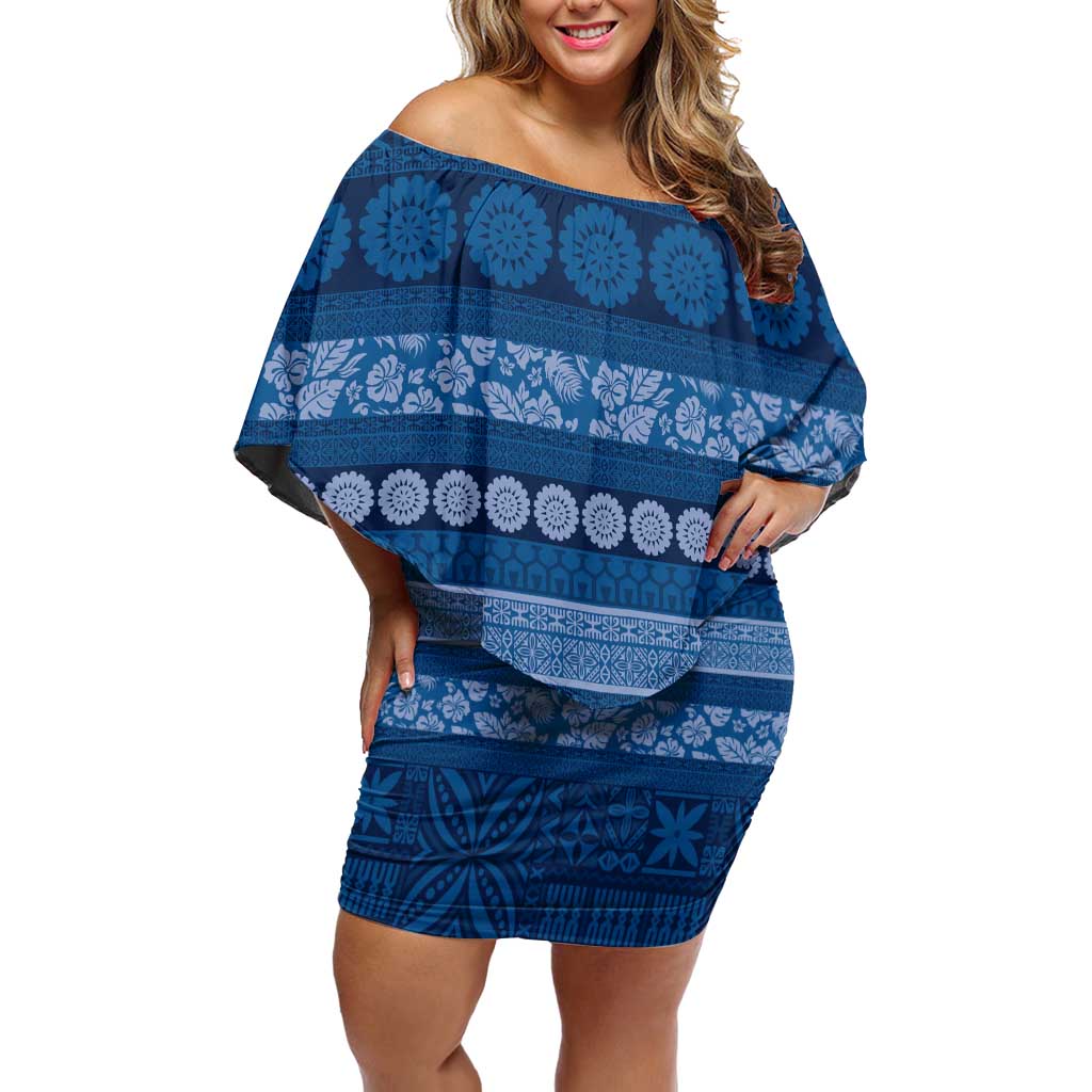 Fiji Marau na Kerisimasi Family Matching Off Shoulder Short Dress and Hawaiian Shirt Blue Tapa Masi Inspired Christmas LT9 Mom's Dress Blue - Polynesian Pride