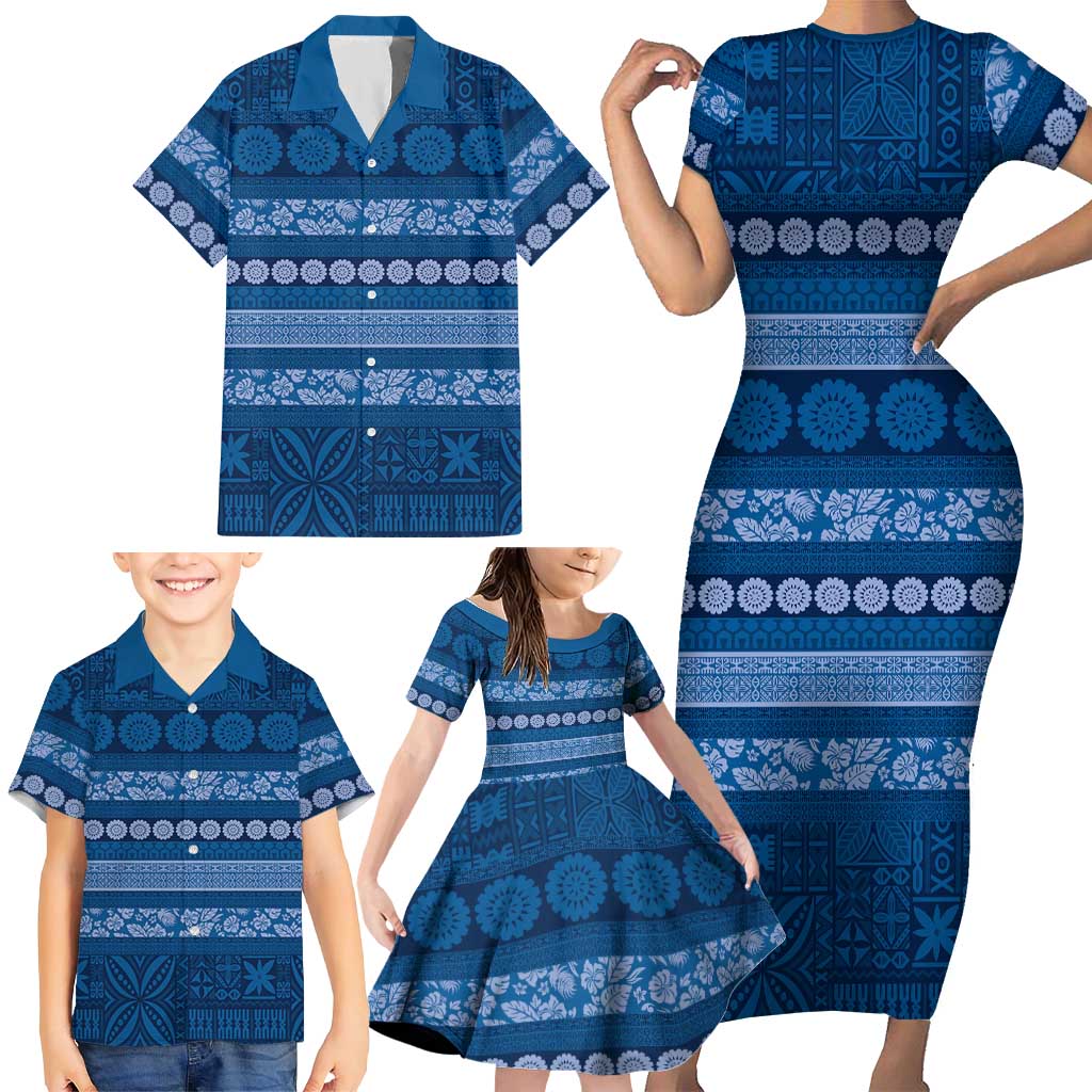 Fiji Marau na Kerisimasi Family Matching Short Sleeve Bodycon Dress and Hawaiian Shirt Blue Tapa Masi Inspired Christmas - Polynesian Pride