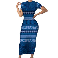 Fiji Marau na Kerisimasi Family Matching Short Sleeve Bodycon Dress and Hawaiian Shirt Blue Tapa Masi Inspired Christmas LT9 Mom's Dress Blue - Polynesian Pride