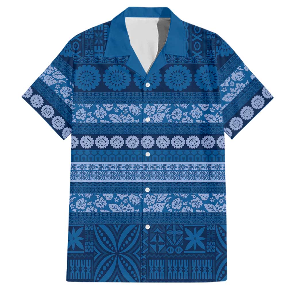 Fiji Marau na Kerisimasi Family Matching Summer Maxi Dress and Hawaiian Shirt Blue Tapa Masi Inspired Christmas LT9 Dad's Shirt - Short Sleeve Blue - Polynesian Pride