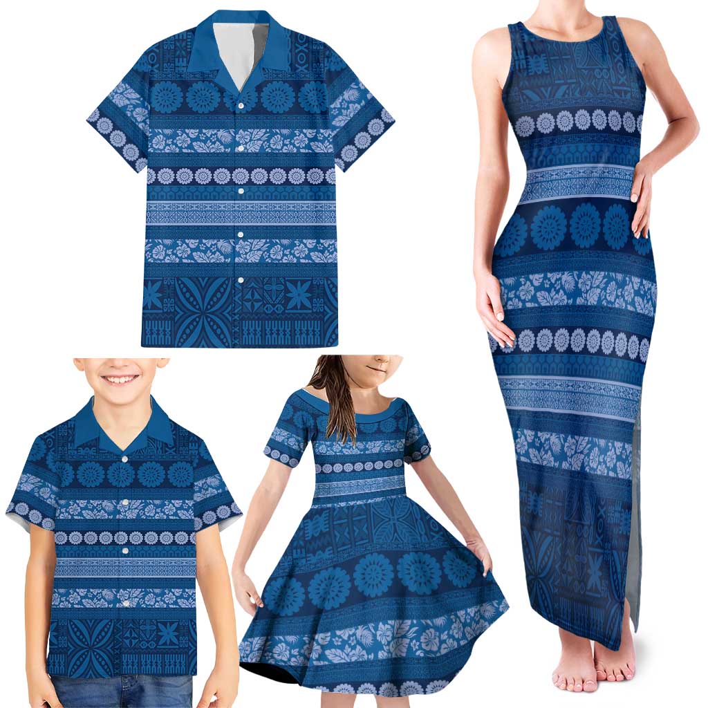 Fiji Marau na Kerisimasi Family Matching Tank Maxi Dress and Hawaiian Shirt Blue Tapa Masi Inspired Christmas - Polynesian Pride