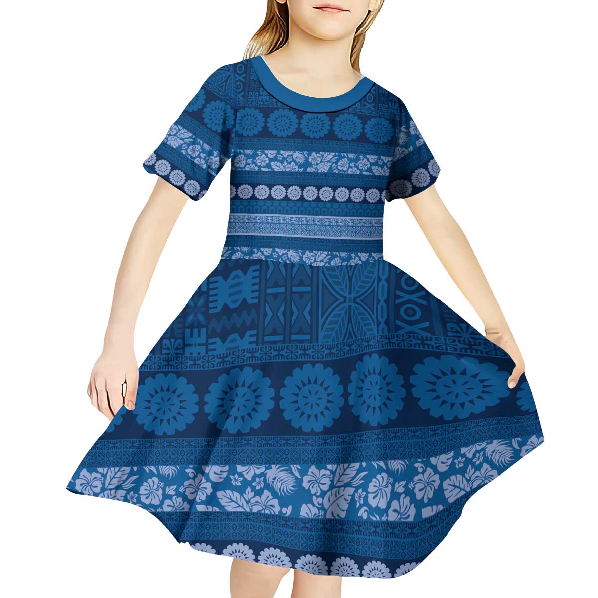 Fiji Marau na Kerisimasi Kid Short Sleeve Dress Blue Tapa Masi Inspired Christmas LT9 - Polynesian Pride