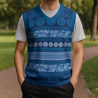 Fiji Marau na Kerisimasi Christmas Knitted V-Neck Vest Blue Tapa Masi Inspired Christmas LT9 - Polynesian Pride