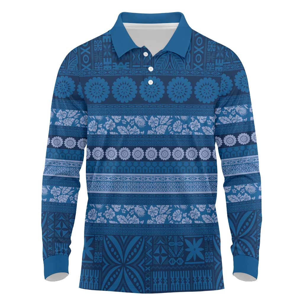 Fiji Marau na Kerisimasi Long Sleeve Polo Shirt Blue Tapa Masi Inspired Christmas LT9 Blue - Polynesian Pride