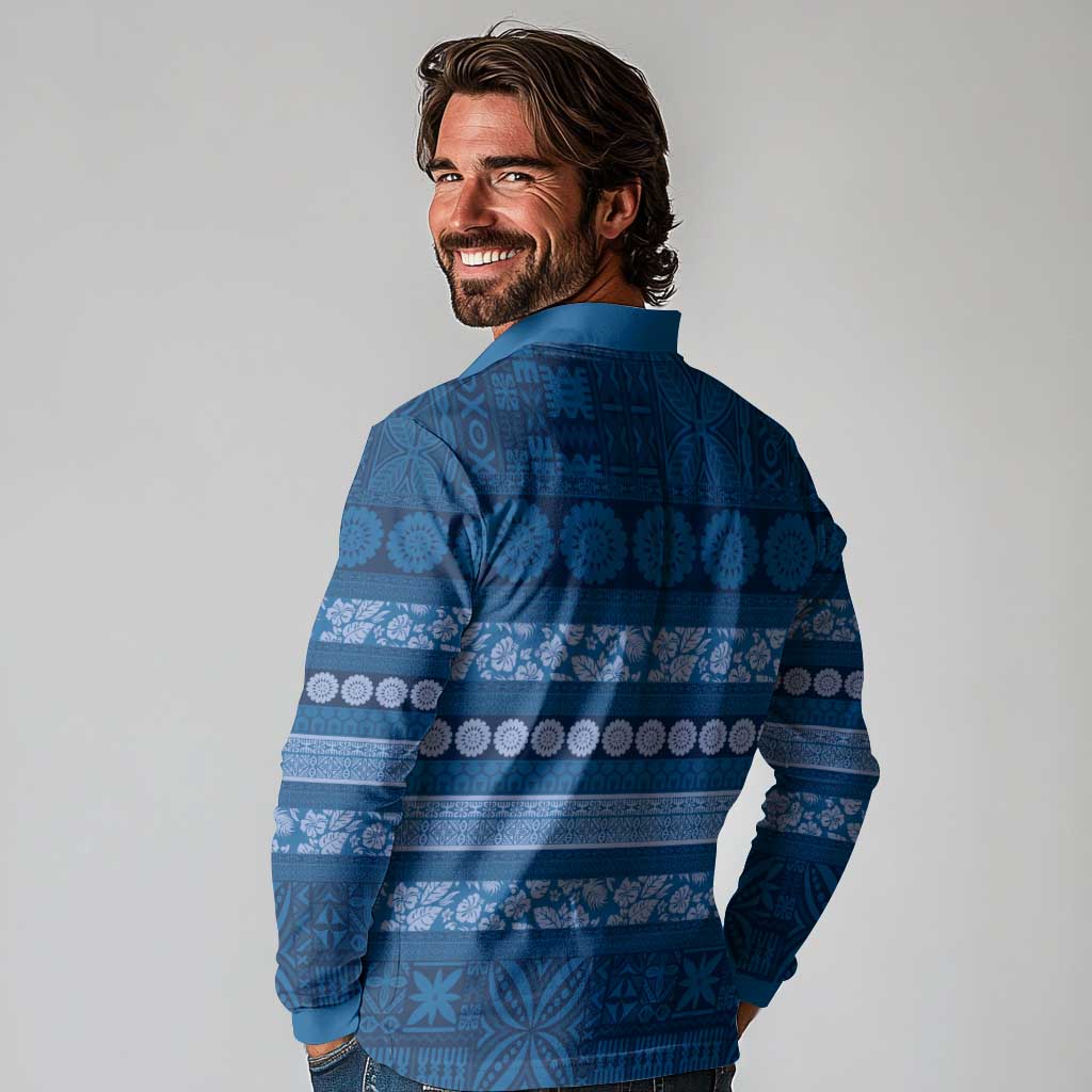 Fiji Marau na Kerisimasi Long Sleeve Polo Shirt Blue Tapa Masi Inspired Christmas LT9 - Polynesian Pride