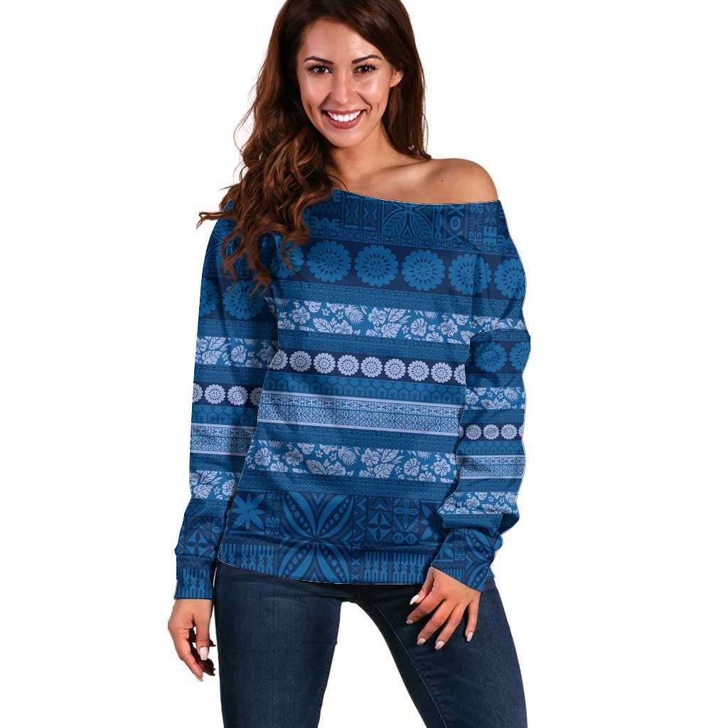 Fiji Marau na Kerisimasi Off Shoulder Sweater Blue Tapa Masi Inspired Christmas LT9 Women Blue - Polynesian Pride