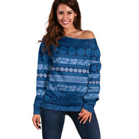 Fiji Marau na Kerisimasi Off Shoulder Sweater Blue Tapa Masi Inspired Christmas LT9 Women Blue - Polynesian Pride