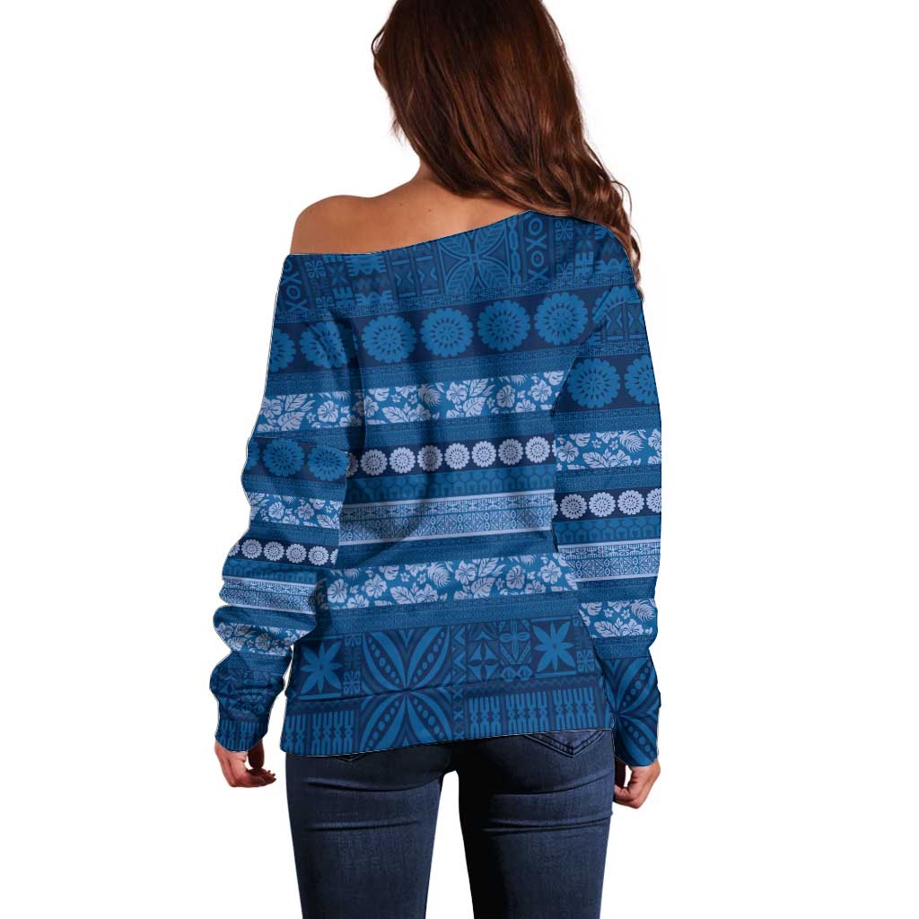 Fiji Marau na Kerisimasi Off Shoulder Sweater Blue Tapa Masi Inspired Christmas LT9 - Polynesian Pride