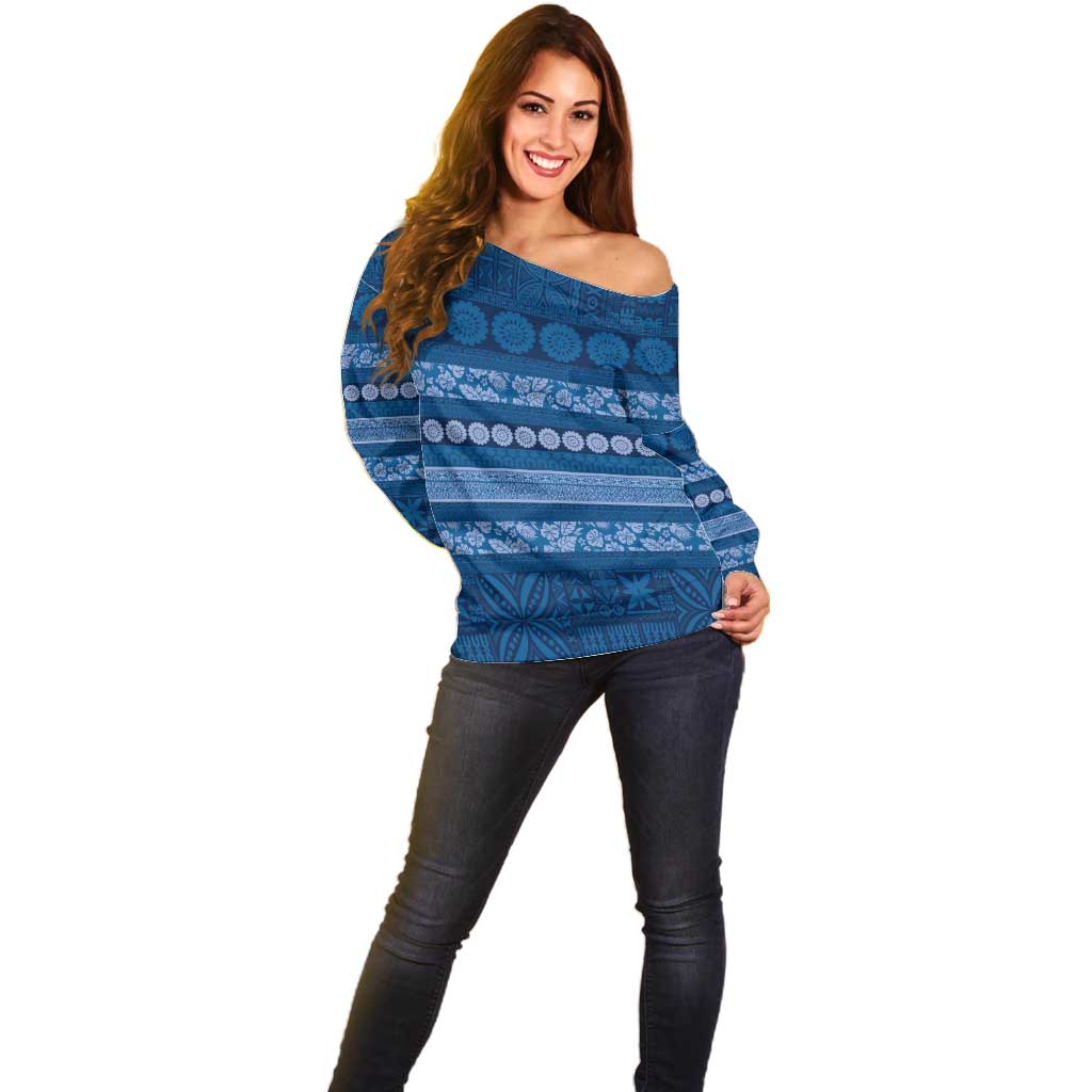 Fiji Marau na Kerisimasi Off Shoulder Sweater Blue Tapa Masi Inspired Christmas LT9 - Polynesian Pride